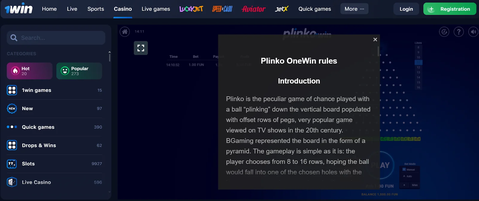 Plinko game by 1win